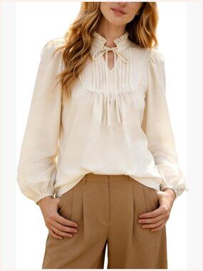 Long Sleeve V Neck Tie Front Pleated Blouse Top Work Office Shirt